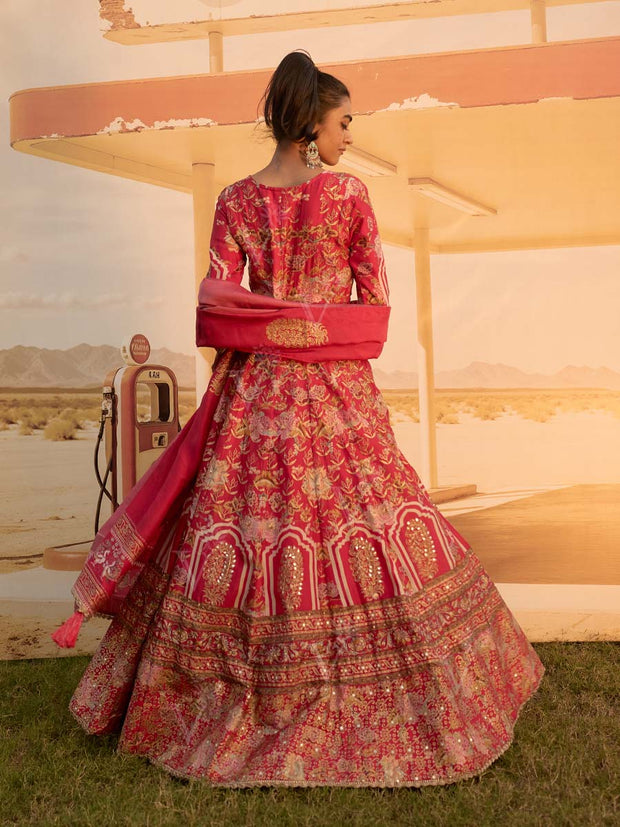 Red Printed Embroidered Anarkali Gown