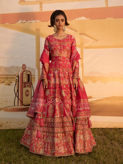 Red Printed Embroidered Anarkali Gown