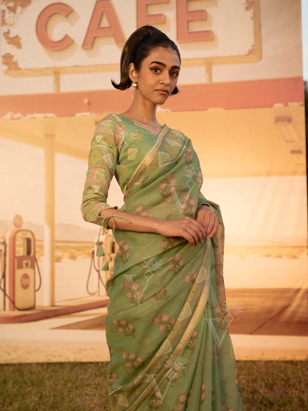 Green Printed Saree