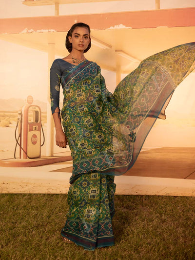Blue Green Patola Print Saree