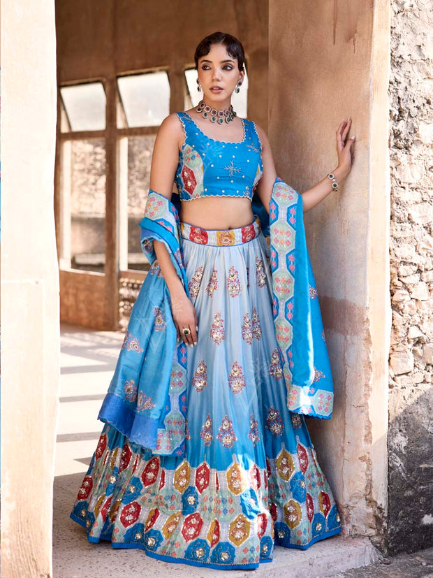Blue Vasansi Silk Printed Lehenga Set