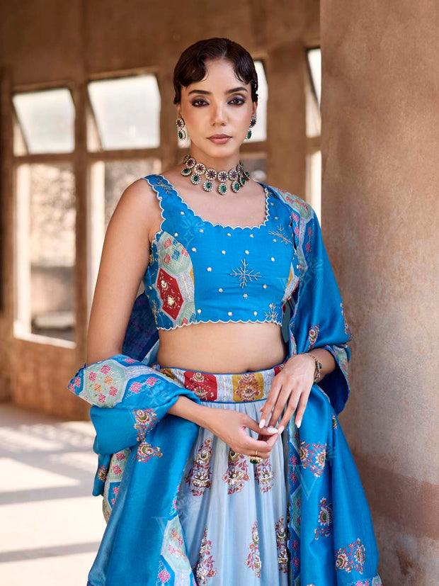 Blue Vasansi Silk Printed Lehenga Set