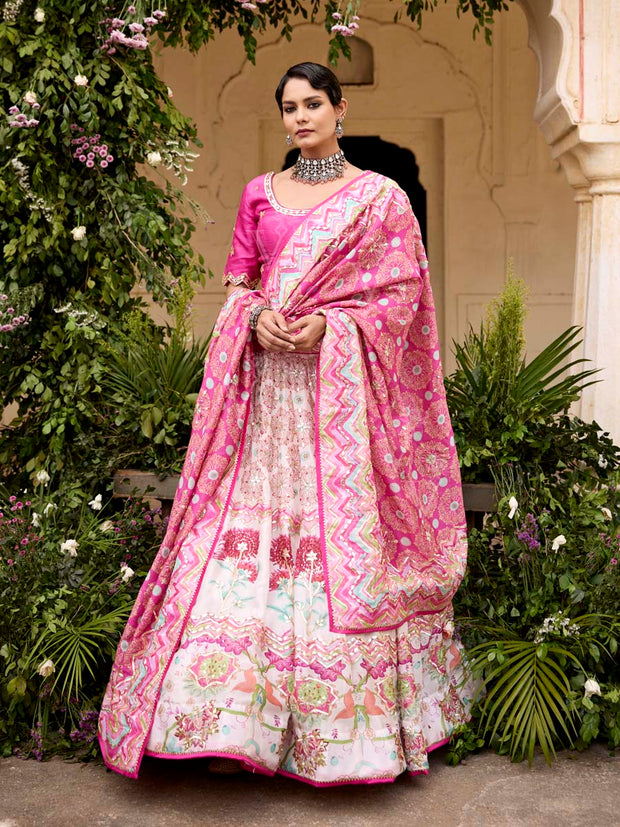 White and Pink Vasansi Silk Printed Lehenga Set