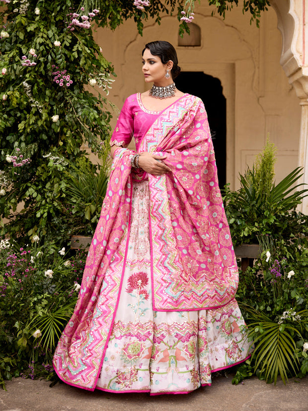 White and Pink Vasansi Silk Printed Lehenga Set