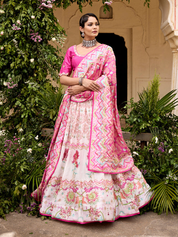 White and Pink Vasansi Silk Printed Lehenga Set