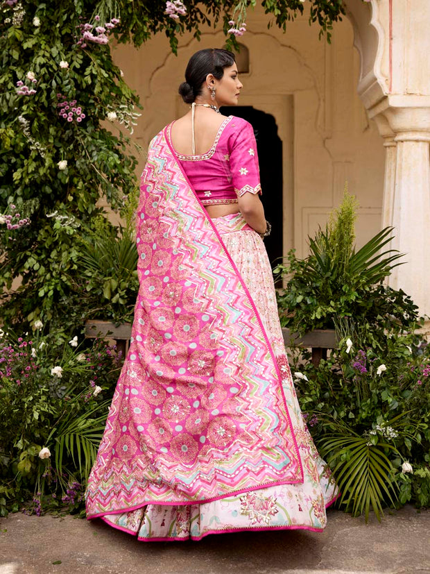 White and Pink Vasansi Silk Printed Lehenga Set