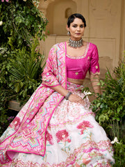 White and Pink Vasansi Silk Printed Lehenga Set