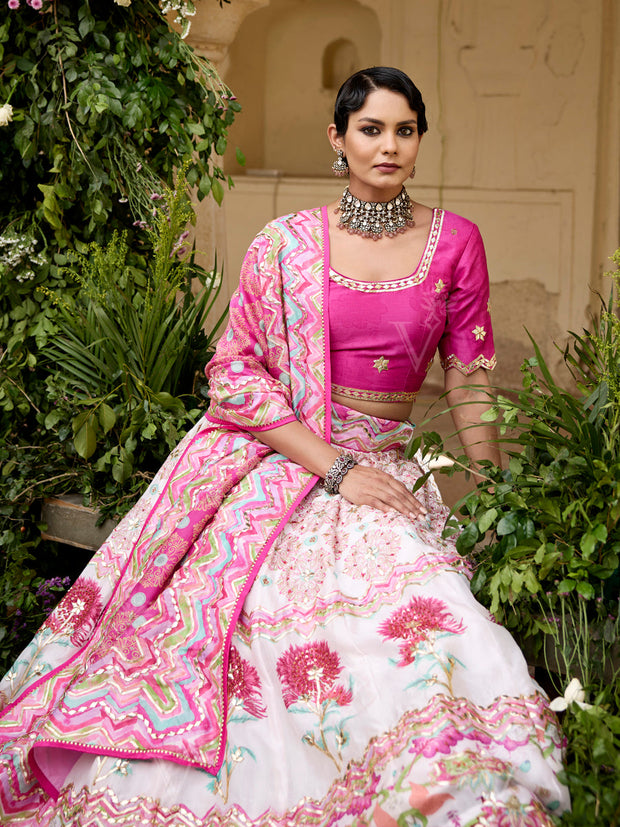 White and Pink Vasansi Silk Printed Lehenga Set
