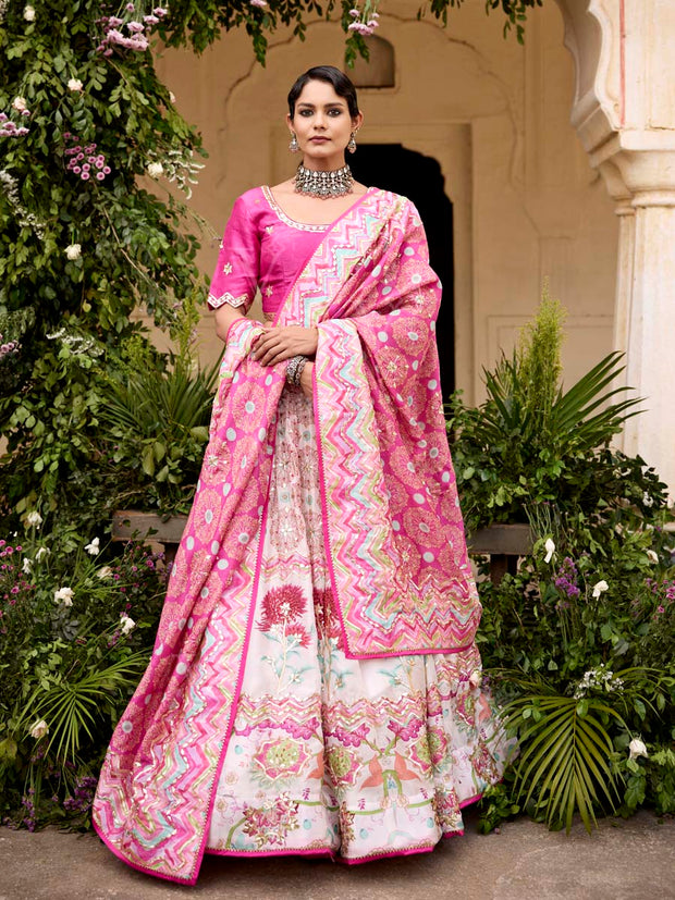 White and Pink Vasansi Silk Printed Lehenga Set