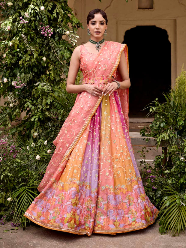 Lavender and Peach Vasansi Silk Gota Patti Lehenga Set