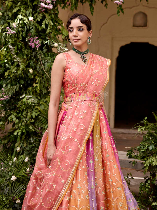 Lavender and Peach Vasansi Silk Gota Patti Lehenga Set
