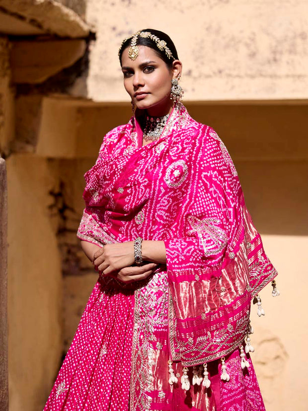 Pink Bandhani Gota Patti Lehenga Set