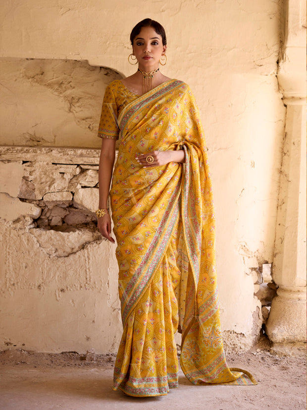 Lime Vasansi Silk Printed Saree
