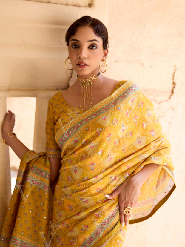 Lime Vasansi Silk Printed Saree