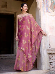 Wine Tissue Embroidered One Shoulder and Sharara Set