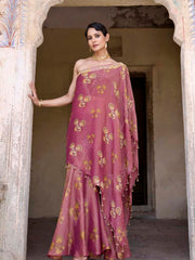 Wine Tissue Embroidered One Shoulder and Sharara Set