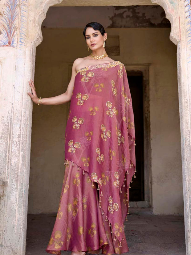 Wine Tissue Embroidered One Shoulder and Sharara Set