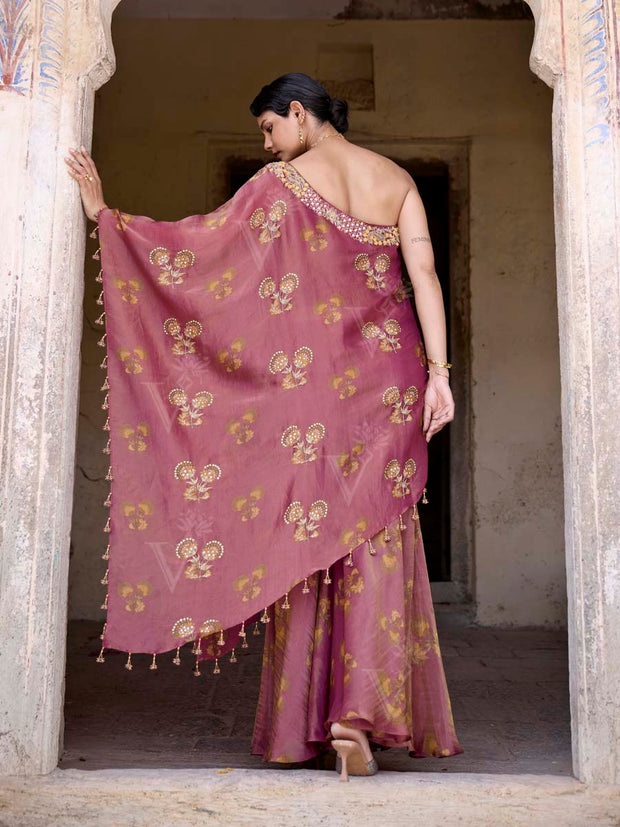 Wine Tissue Embroidered One Shoulder and Sharara Set