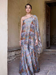Grey Tissue Embroidered One Shoulder and Sharara Set