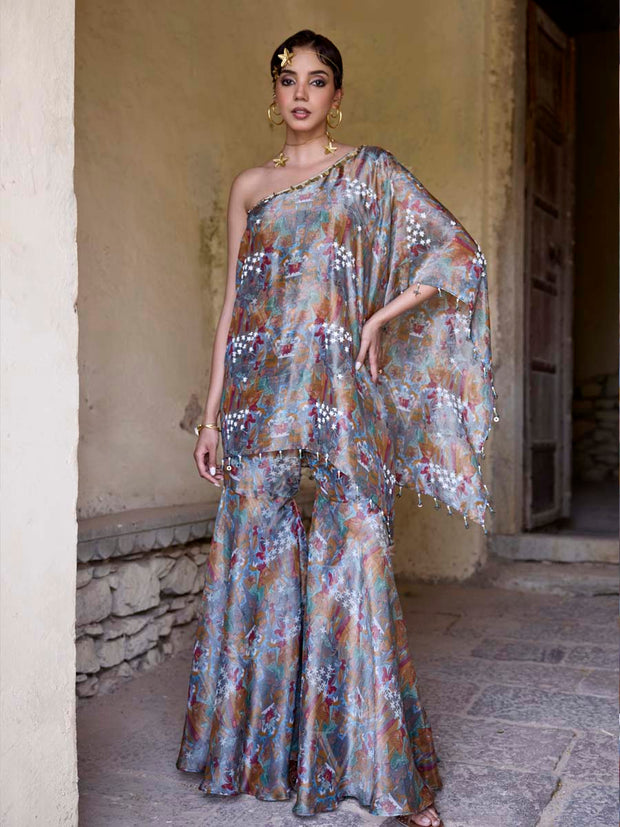 Grey Tissue Embroidered One Shoulder and Sharara Set