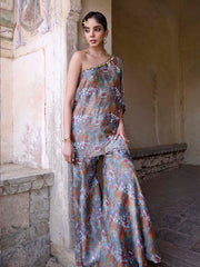 Grey Tissue Embroidered One Shoulder and Sharara Set