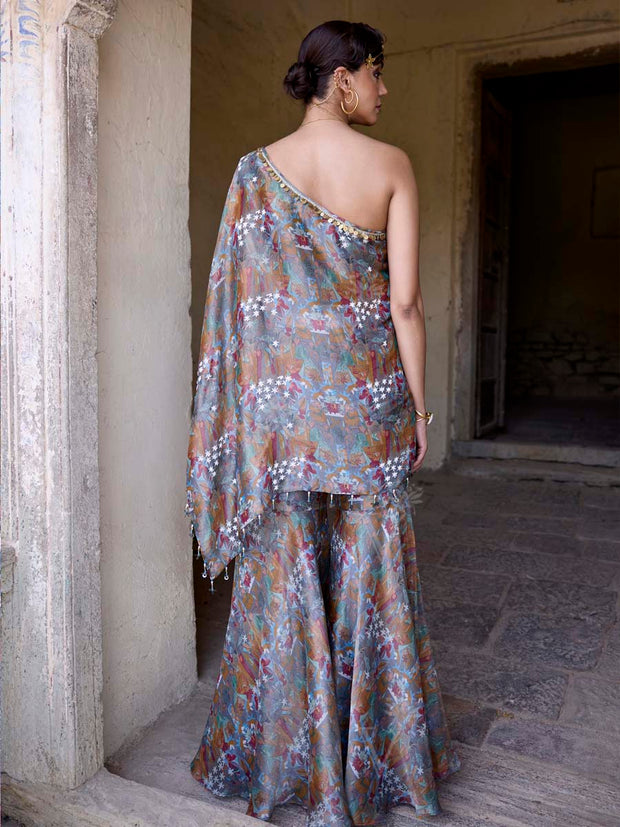 Grey Tissue Embroidered One Shoulder and Sharara Set
