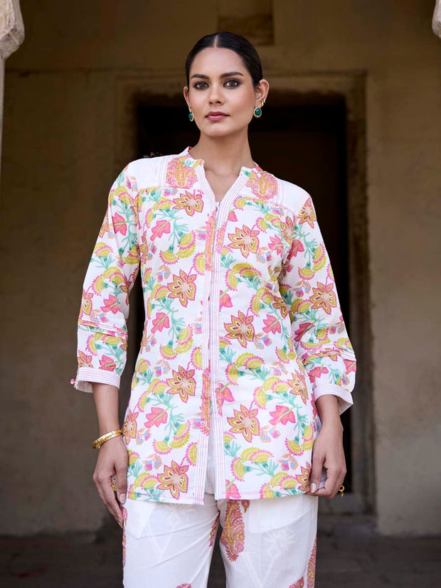Floral White Cotton Printed Co Ord Set