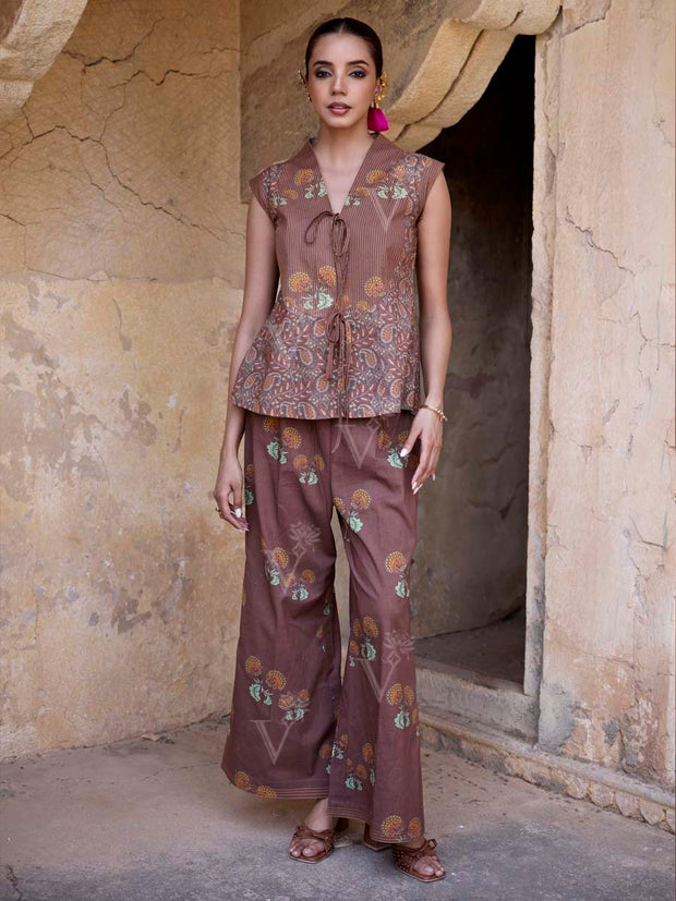 Brown Cotton Printed Kurta and Pant Set