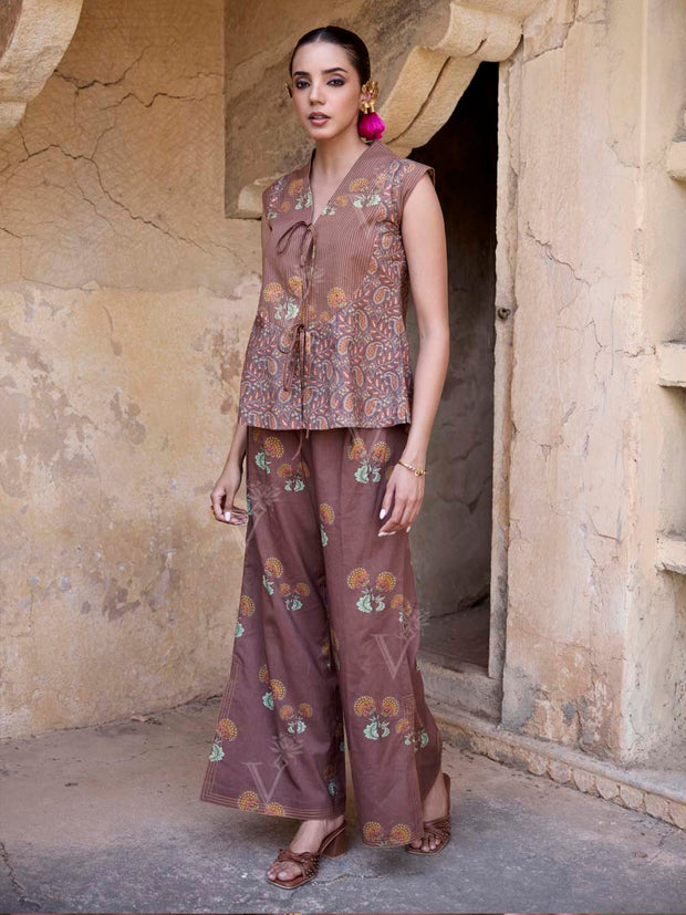 Brown Cotton Printed Kurta and Pant Set