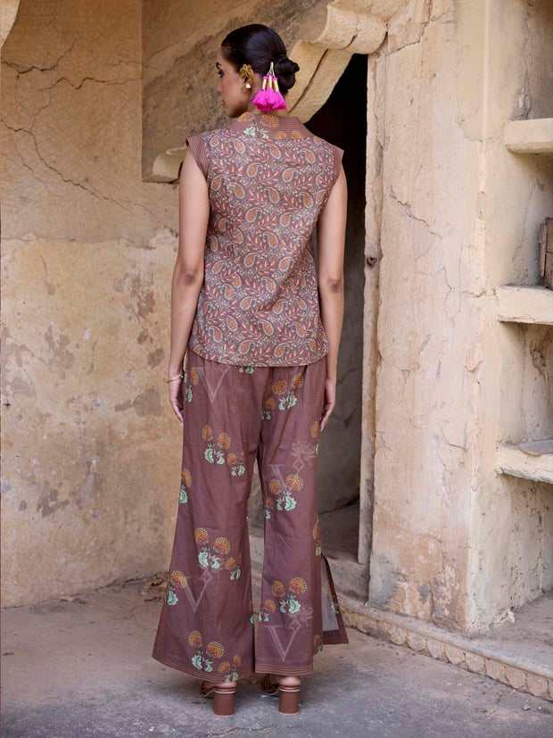 Brown Cotton Printed Kurta and Pant Set