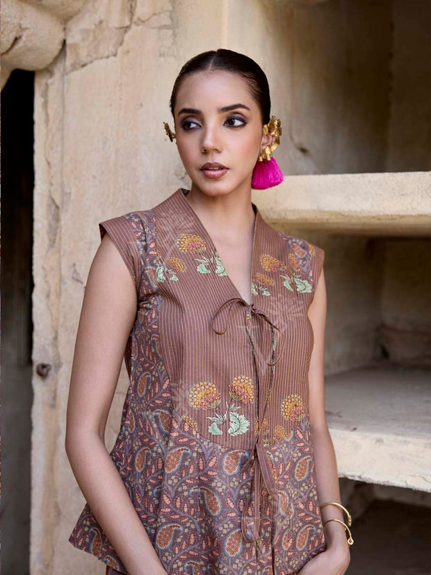 Brown Cotton Printed Kurta and Pant Set