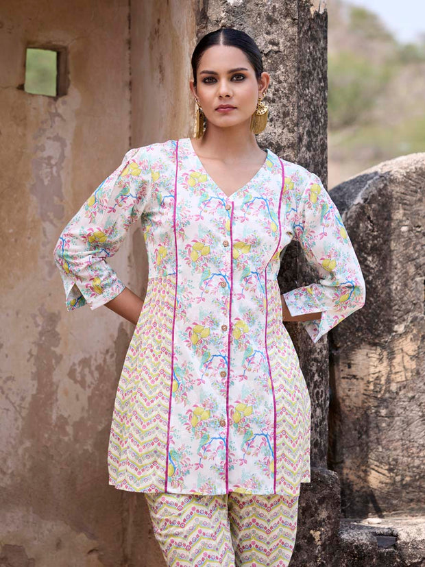 White Floral Printed Cotton Co Ord Set