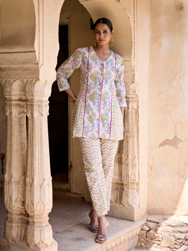 White Floral Printed Cotton Co Ord Set