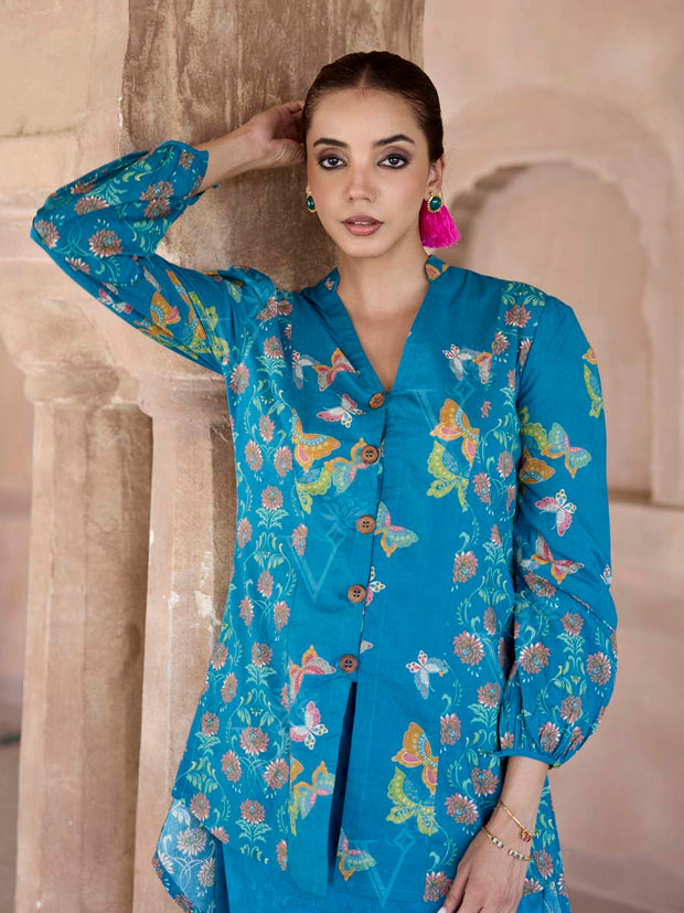 Blue Cotton Printed Co Ord Set