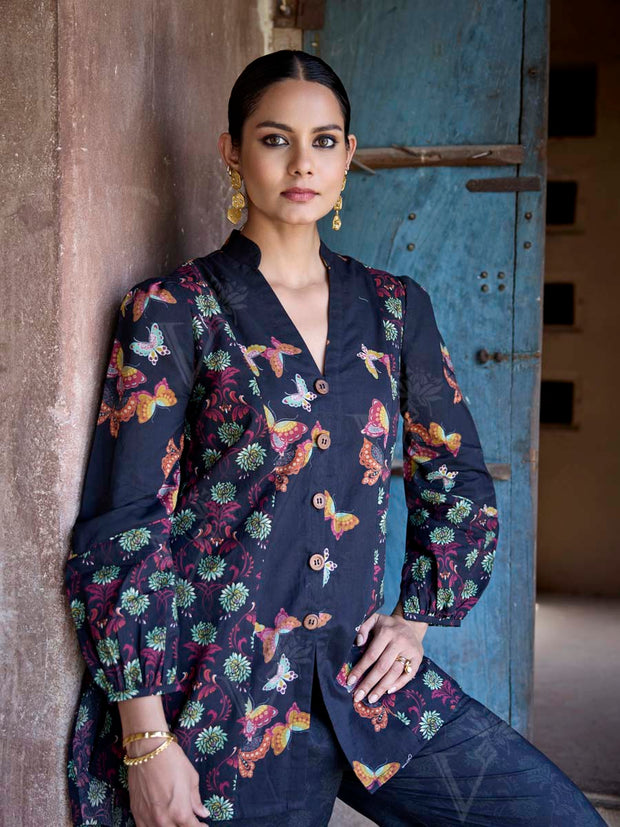Black Cotton Printed Co Ord Set