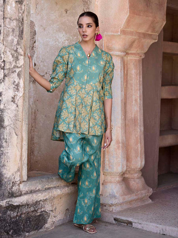 Green Cotton Printed Co Ord Set