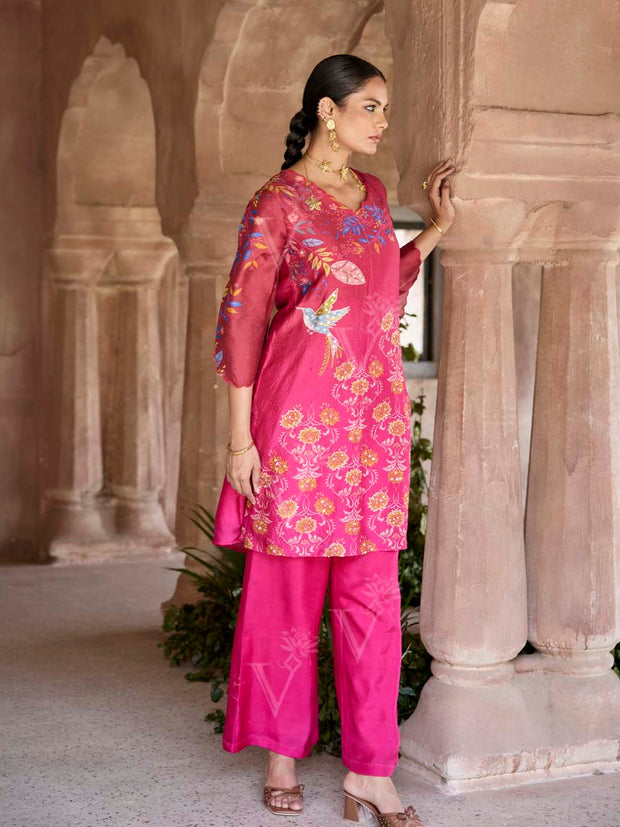Pink Vasansi Silk Printed Embroidered Kurta and Pant Set