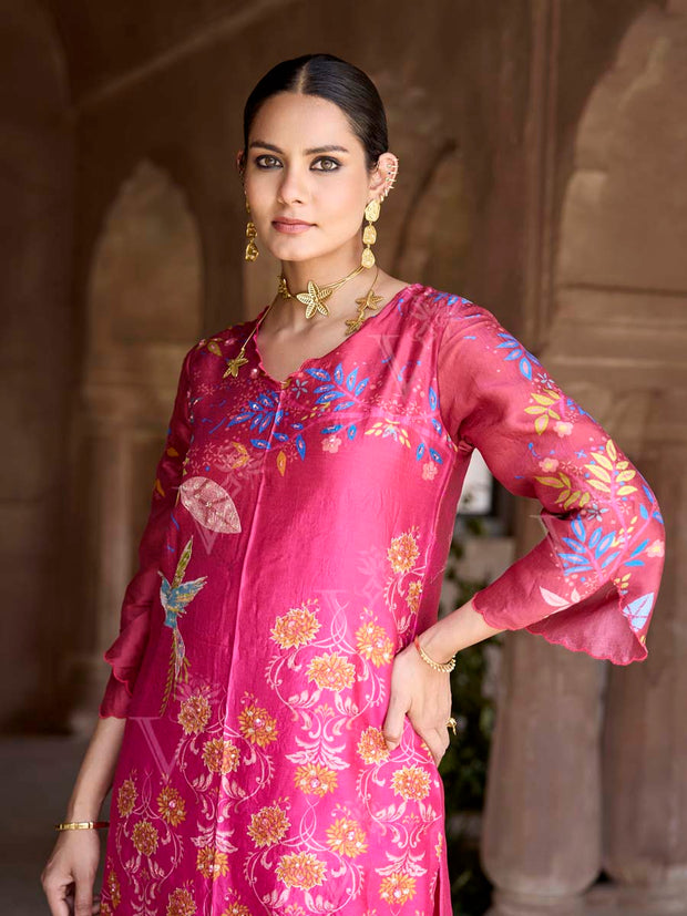Pink Vasansi Silk Printed Embroidered Kurta and Pant Set