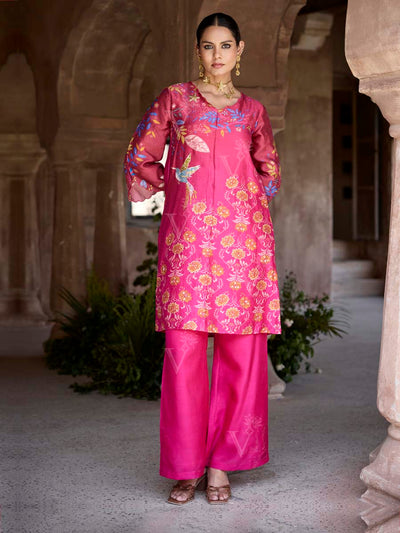 Pink Vasansi Silk Printed Embroidered Kurta and Pant Set
