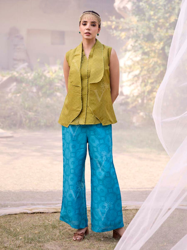 Green and Blue Silk Printed Co Ord Set