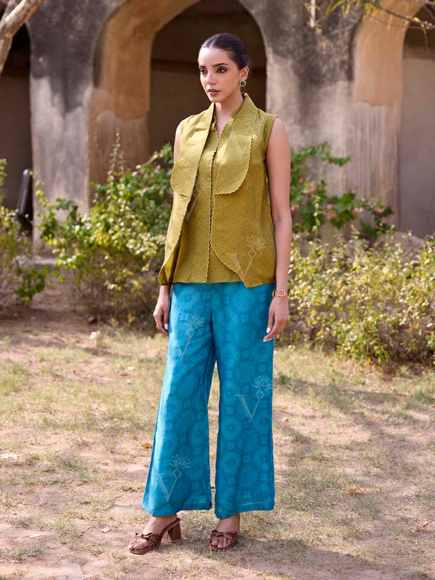 Green and Blue Silk Printed Co Ord Set
