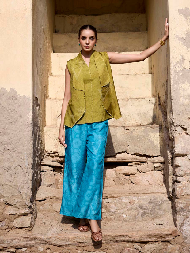 Green and Blue Silk Printed Co Ord Set