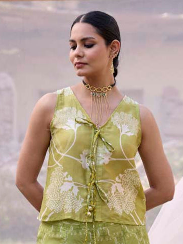 Lime Green Printed Silk Co Ord Set