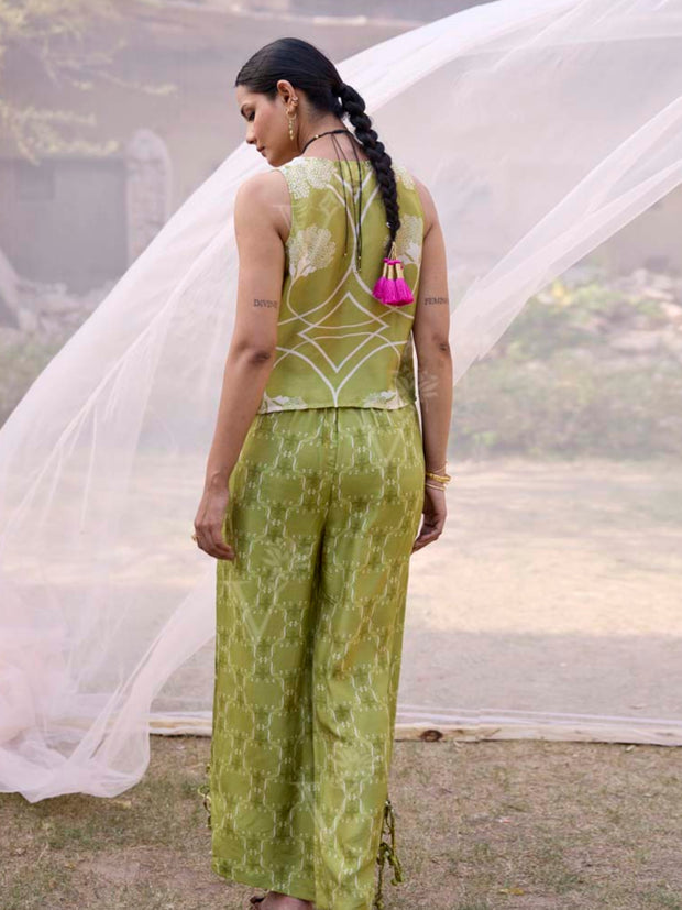 Lime Green Printed Silk Co Ord Set