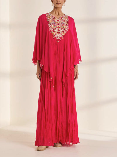 The Sitara Kaftan by Vasansi Jaipur  rani pink crushed chiffon embroidered  kaftan maxi. Handcrafted in Jaipur, ships worldwide.