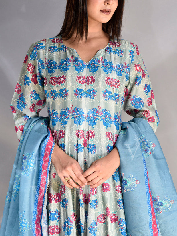 Powder Blue Vasansi Silk Printed Anarkali Gown