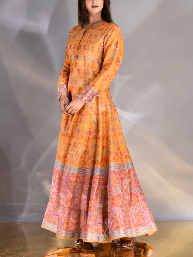 Yellow Vasansi Silk Printed Anarkali Gown