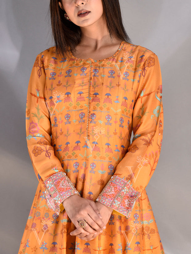 Yellow Vasansi Silk Printed Anarkali Gown