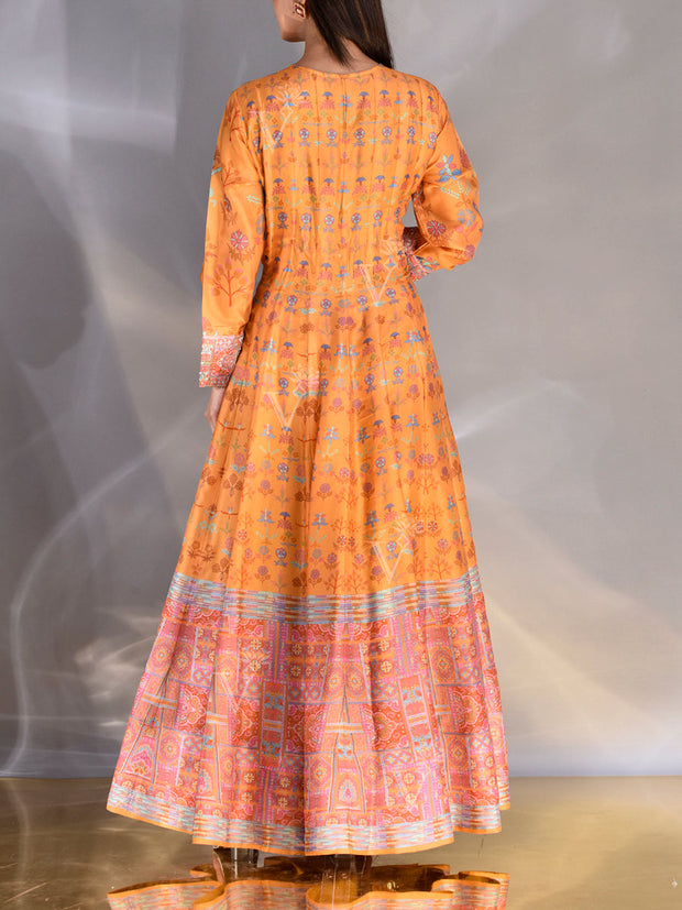 Yellow Vasansi Silk Printed Anarkali Gown