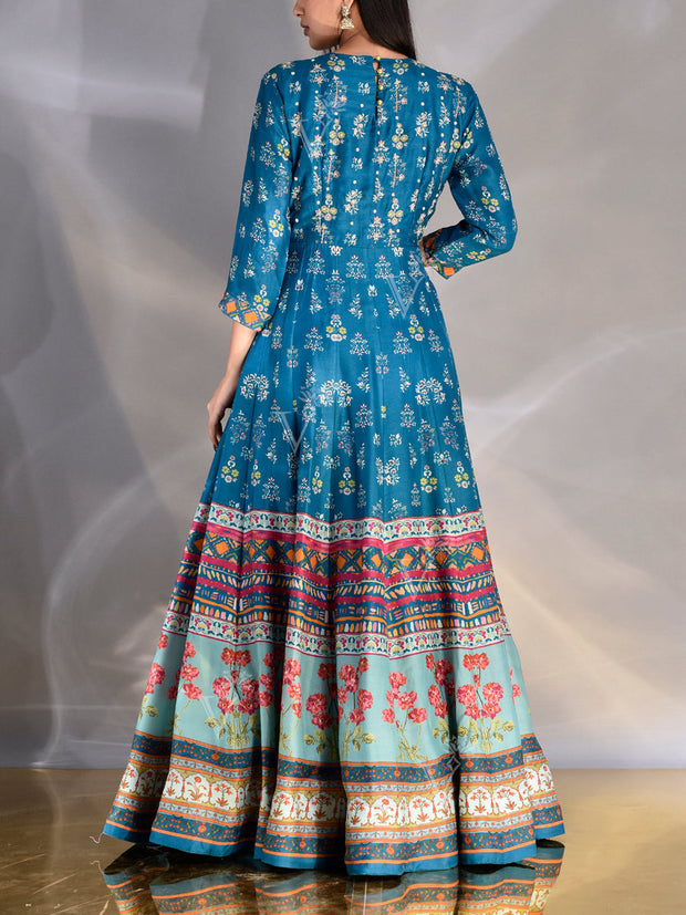 Yale Blue Vasansi Silk Printed Anarkali Gown